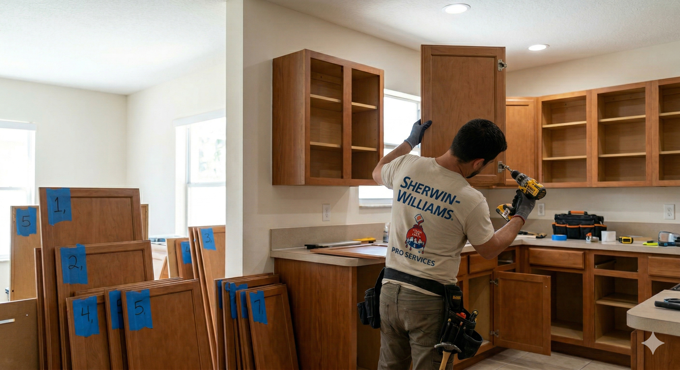 Cabinet doors removed and labeled — Phase 1